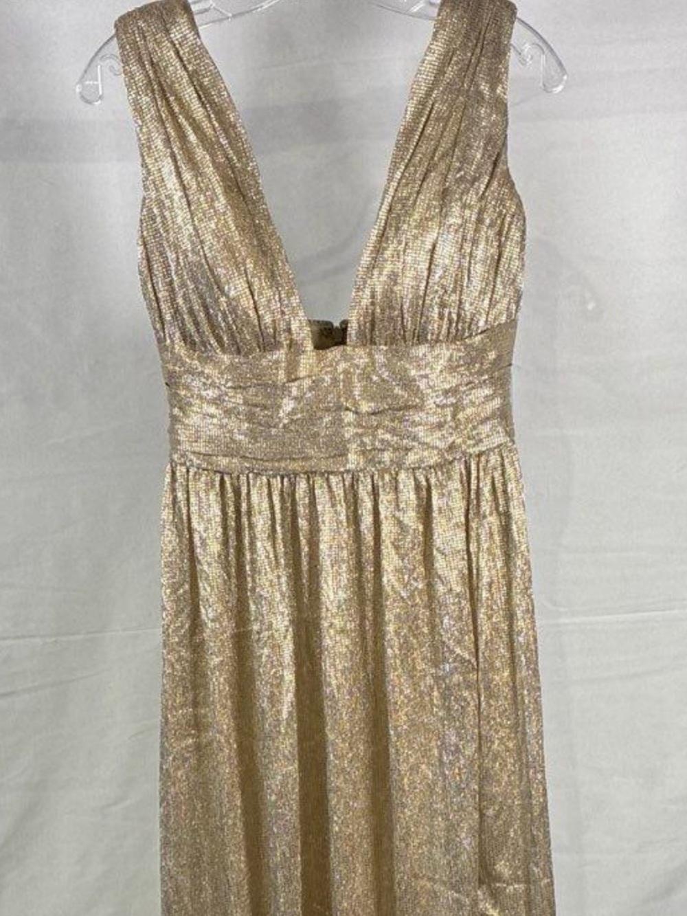 Hayley Paige Occasions Gold Metallic V-Neck Women’s Evening Dress Size 10